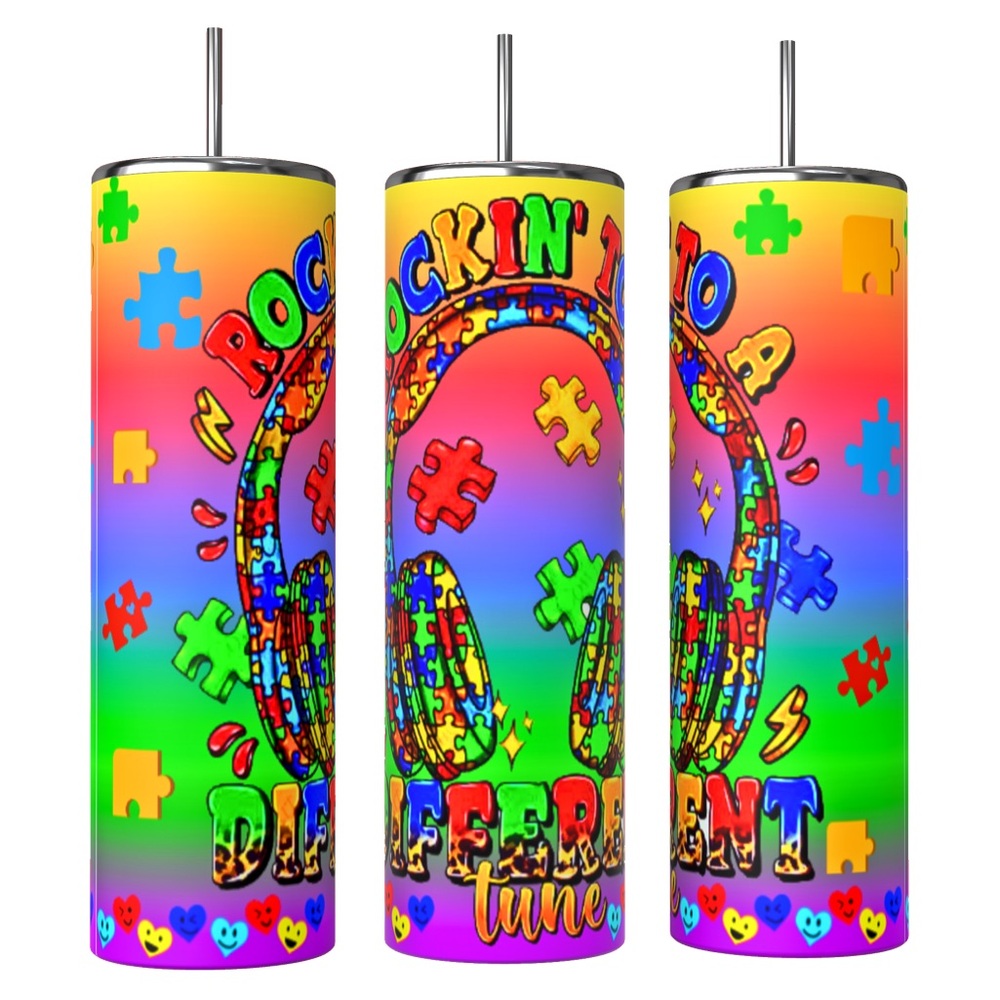 Autism ROCKING TO A DIFFERENT TUNE 20oz SUBLIMATED STAINLESS STEEL TUMBLER